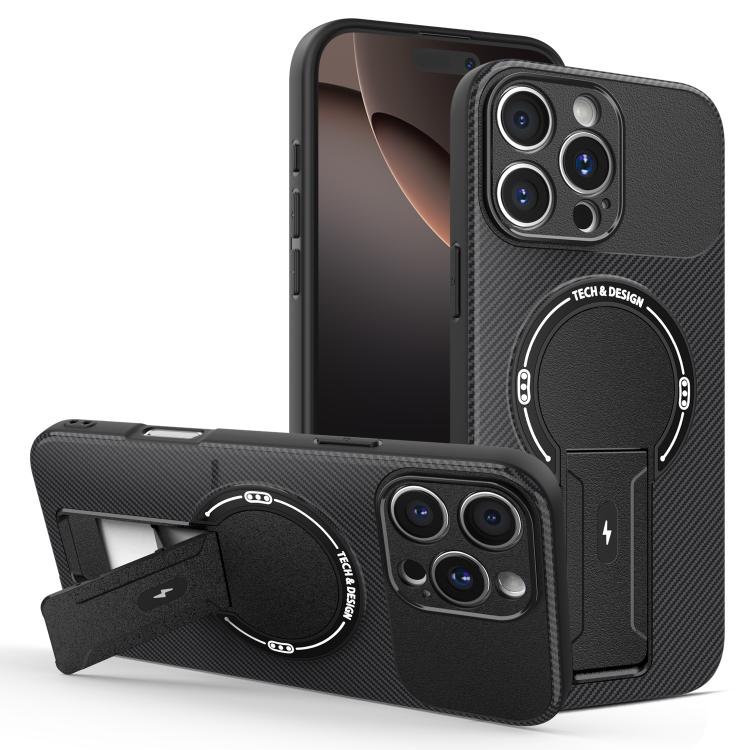 

For iPhone 16 Pro Max Carbon Fiber Texture MagSafe Phone Case with Holder(Black)