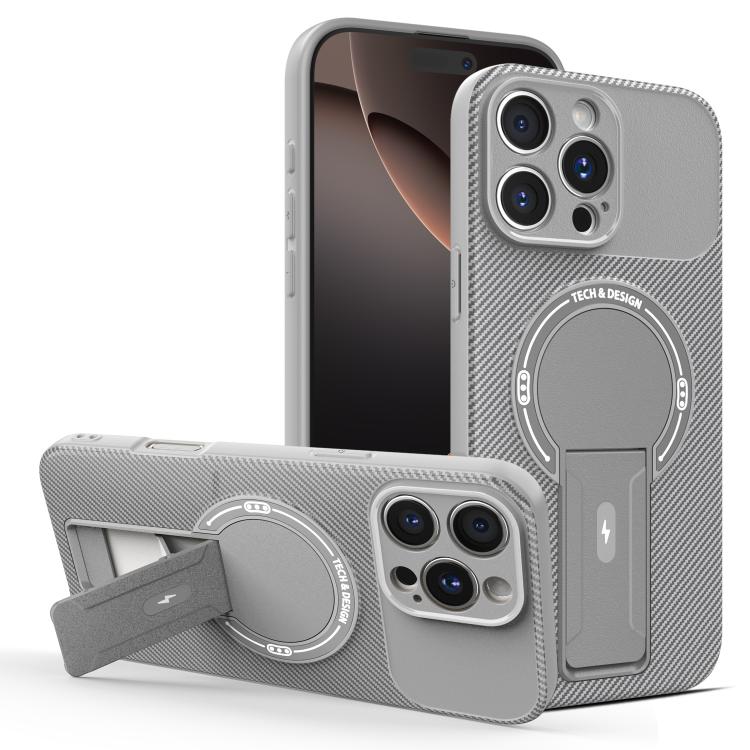 

For iPhone 16 Pro Max Carbon Fiber Texture MagSafe Phone Case with Holder(Grey)
