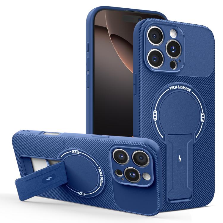 

For iPhone 16 Pro Max Carbon Fiber Texture MagSafe Phone Case with Holder(Blue)