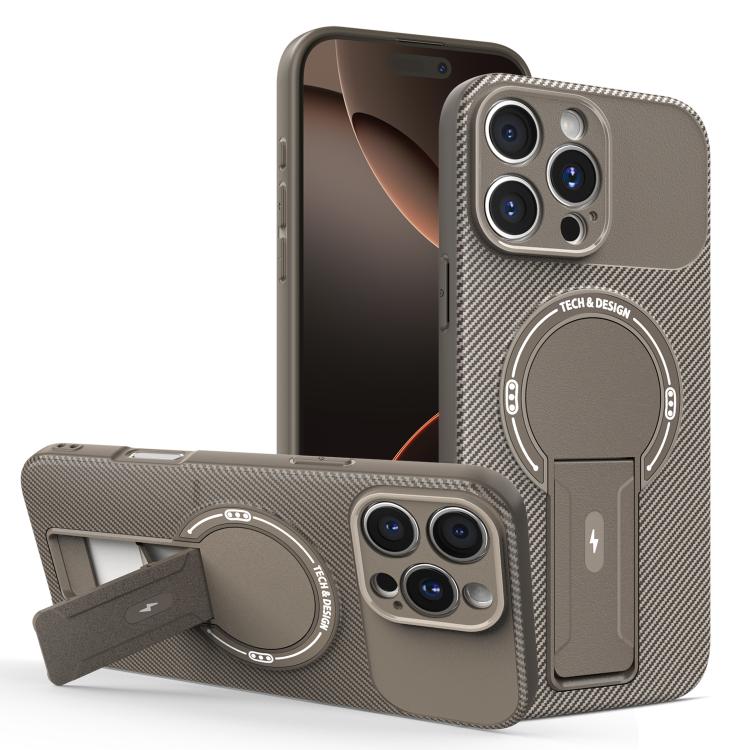 

For iPhone 16 Pro Max Carbon Fiber Texture MagSafe Phone Case with Holder(Brown)
