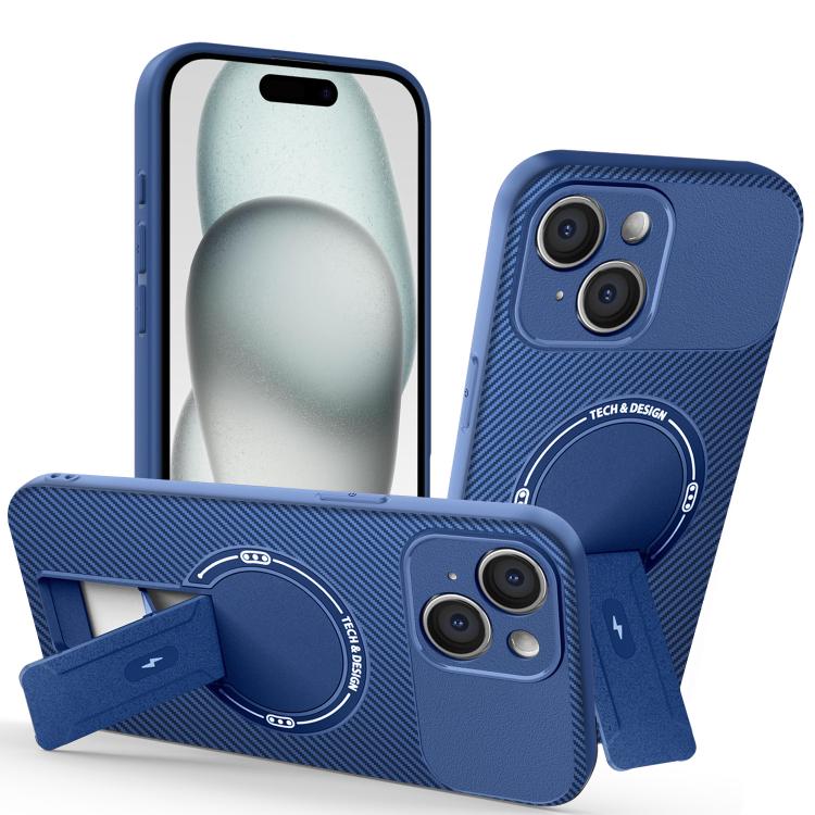 

For iPhone 15 Carbon Fiber Texture MagSafe Phone Case with Holder(Blue)