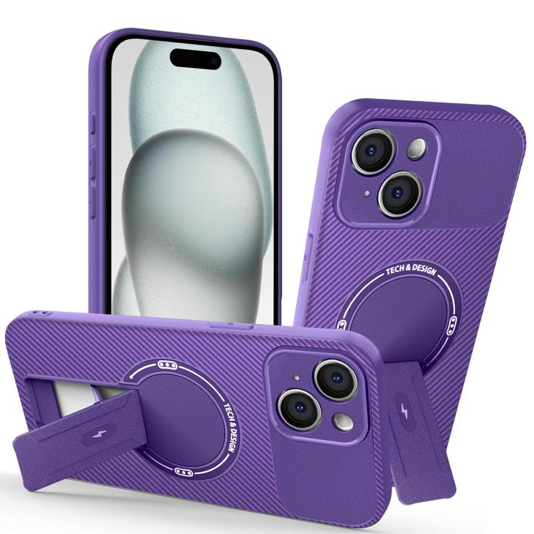 

For iPhone 15 Carbon Fiber Texture MagSafe Phone Case with Holder(Purple)
