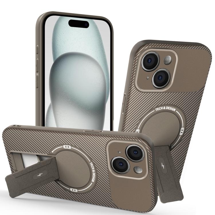 

For iPhone 15 Carbon Fiber Texture MagSafe Phone Case with Holder(Brown)