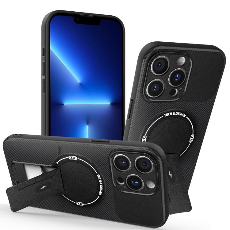 

For iPhone 13 Pro Max Carbon Fiber Texture MagSafe Phone Case with Holder(Black)