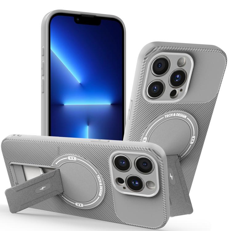 

For iPhone 13 Pro Max Carbon Fiber Texture MagSafe Phone Case with Holder(Grey)