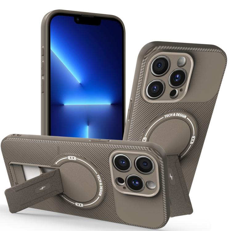 

For iPhone 13 Pro Max Carbon Fiber Texture MagSafe Phone Case with Holder(Brown)