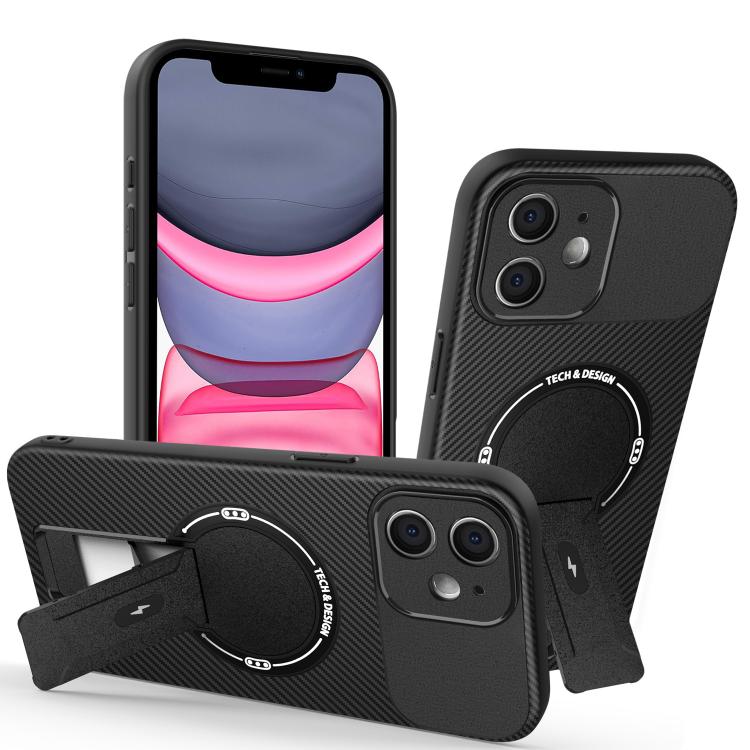 

For iPhone 11 Carbon Fiber Texture MagSafe Phone Case with Holder(Black)