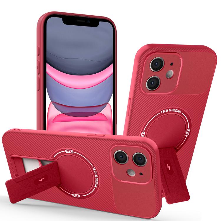 

For iPhone 11 Carbon Fiber Texture MagSafe Phone Case with Holder(Red)