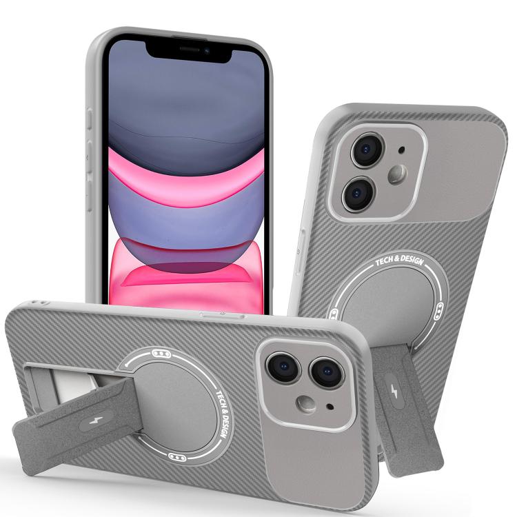 

For iPhone 11 Carbon Fiber Texture MagSafe Phone Case with Holder(Grey)