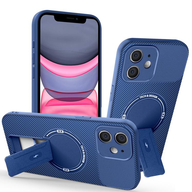 

For iPhone 11 Carbon Fiber Texture MagSafe Phone Case with Holder(Blue)