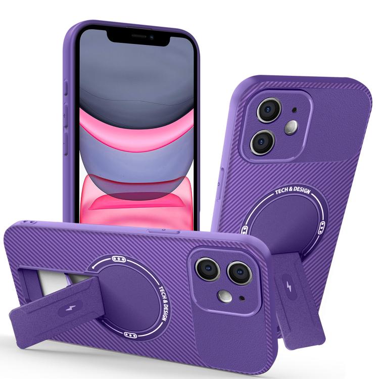

For iPhone 11 Carbon Fiber Texture MagSafe Phone Case with Holder(Purple)