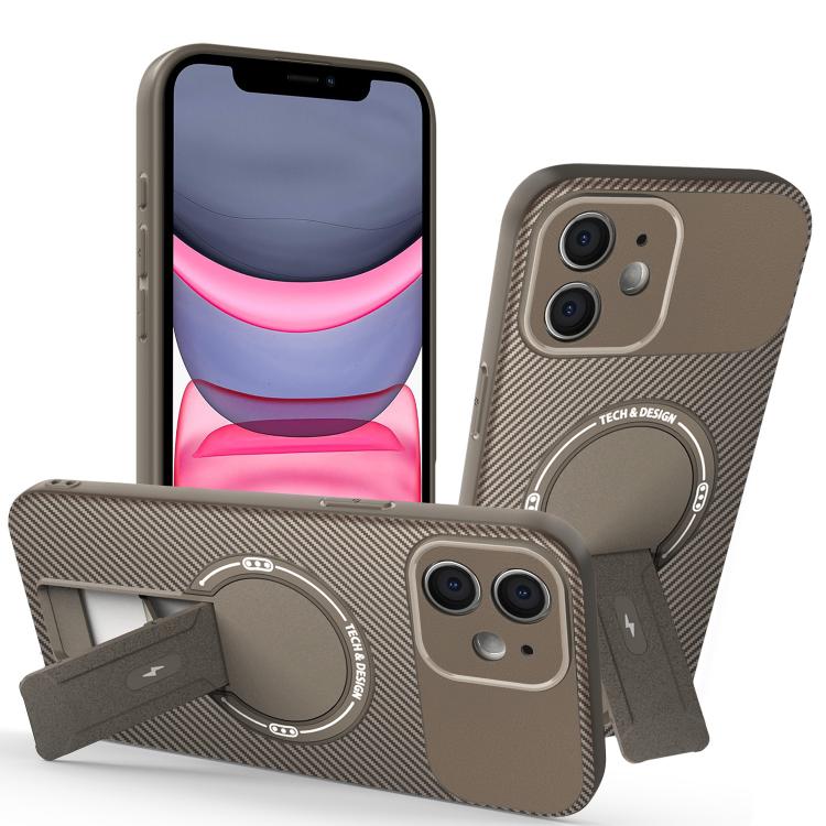 

For iPhone 11 Carbon Fiber Texture MagSafe Phone Case with Holder(Brown)