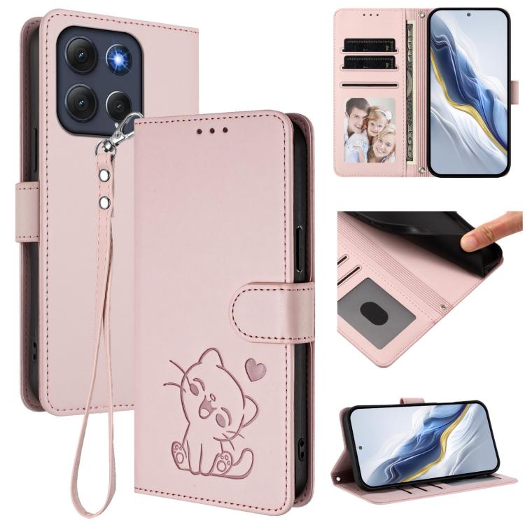 

For Motorola Moto G86 Power Embossed Heart Cat Leather Phone Case with Strap(Pink)