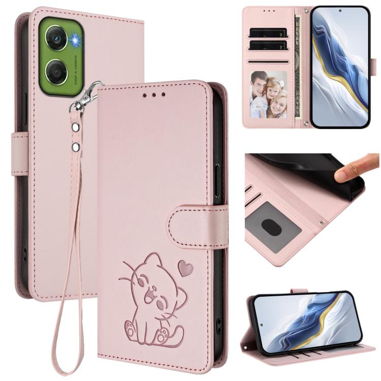 

For Motorola Moto G06 4G Embossed Heart Cat Leather Phone Case with Hand Strap(Pink)