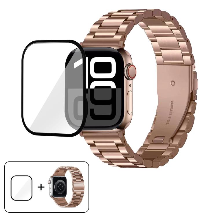 

For Apple Watch Series 10 46mm Three Beads Stainless Steel Watch Band with 3D Curved Film(Vintage Gold)