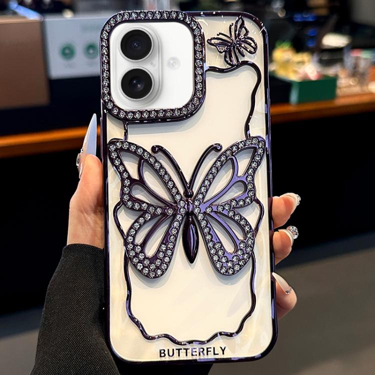 

For iPhone 16 Plus Hollow Butterfly Electroplating TPU Phone Case(Dark Purple)