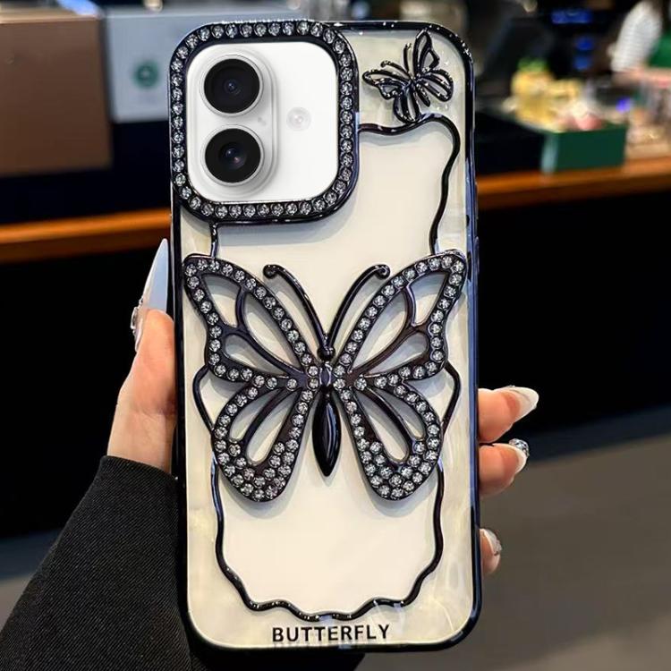 

For iPhone 16 Plus Hollow Butterfly Electroplating TPU Phone Case(Black)