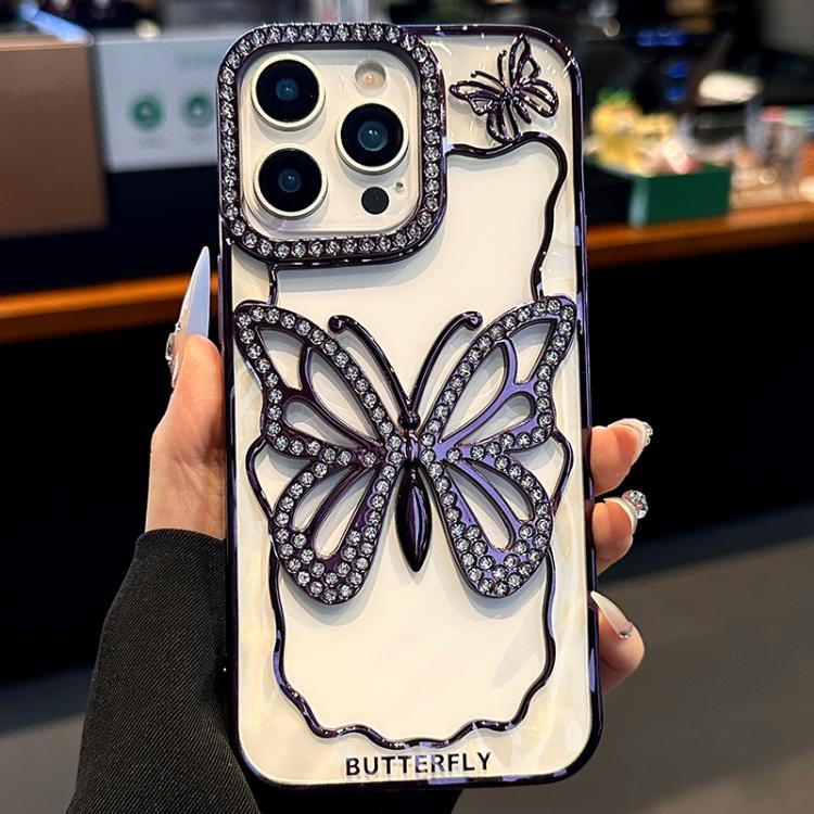 

For iPhone 15 Pro Hollow Butterfly Electroplating TPU Phone Case(Dark Purple)