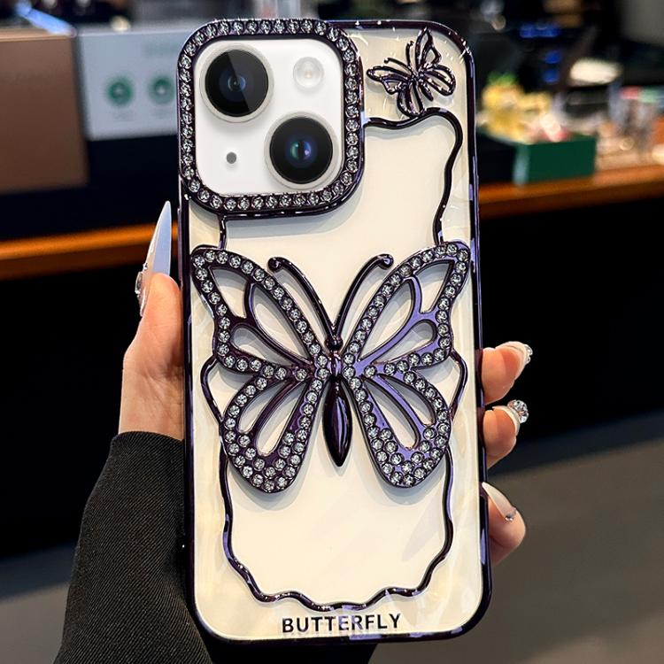 

For iPhone 14 Plus Hollow Butterfly Electroplating TPU Phone Case(Dark Purple)