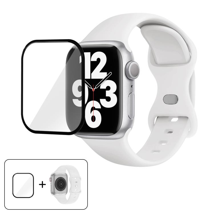 

For Apple Watch Series 10 46mm Butterfly Buckle Silicone Watch Band with 3D Curved Film(White)