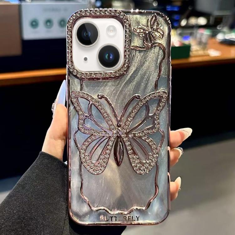 

For iPhone 15 Plus Butterfly Electroplating TPU Phone Case with Epoxy Cardboard(Rose Gold)