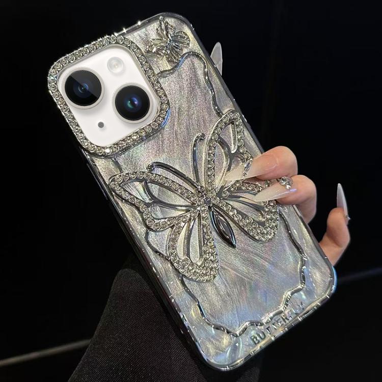 

For iPhone 15 Butterfly Electroplating TPU Phone Case with Epoxy Cardboard(Silver)