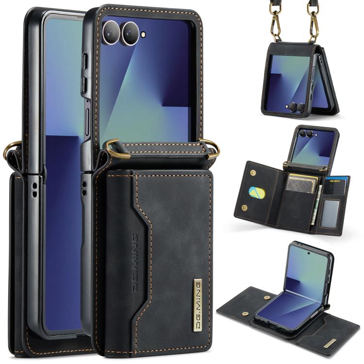 

For Samsung Galaxy Z Flip7 5G DG.MING M2 Series 3-Fold Multi Card Bag hybrid Magnetic Phone Case with Long Lanyard(Black)