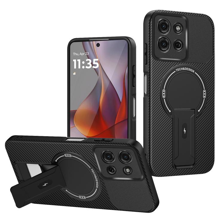 

For Motorola Moto G75 5G Carbon Fiber Texture MagSafe Phone Case with Holder(Black)