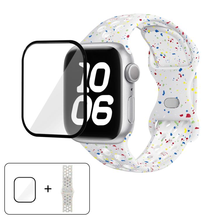 

For Apple Watch Series 10 46mm Butterfly Buckle Color Dot Silicone Watch Band with 3D Curved Film(White Gold)