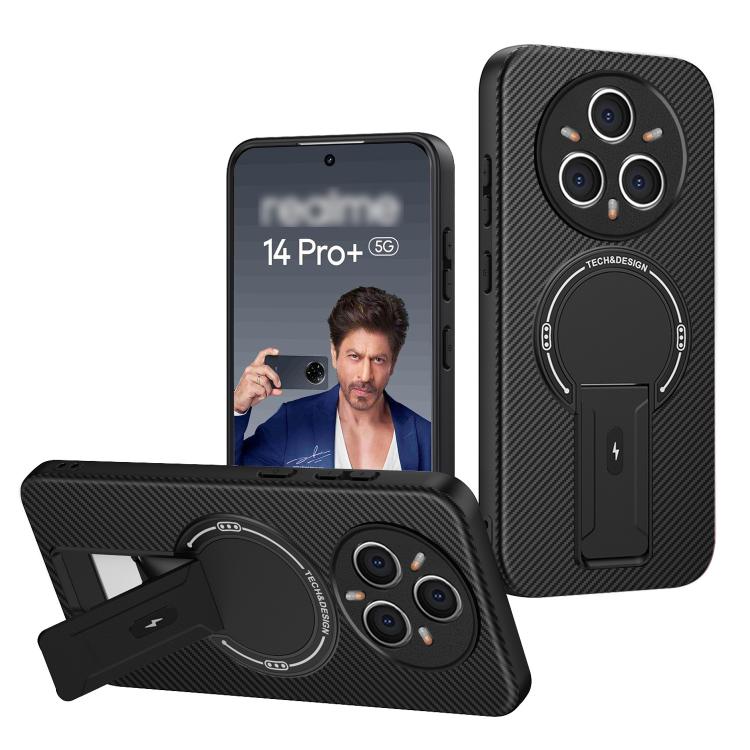

For Realme 14 Pro+ Carbon Fiber Texture MagSafe Phone Case with Holder(Black)