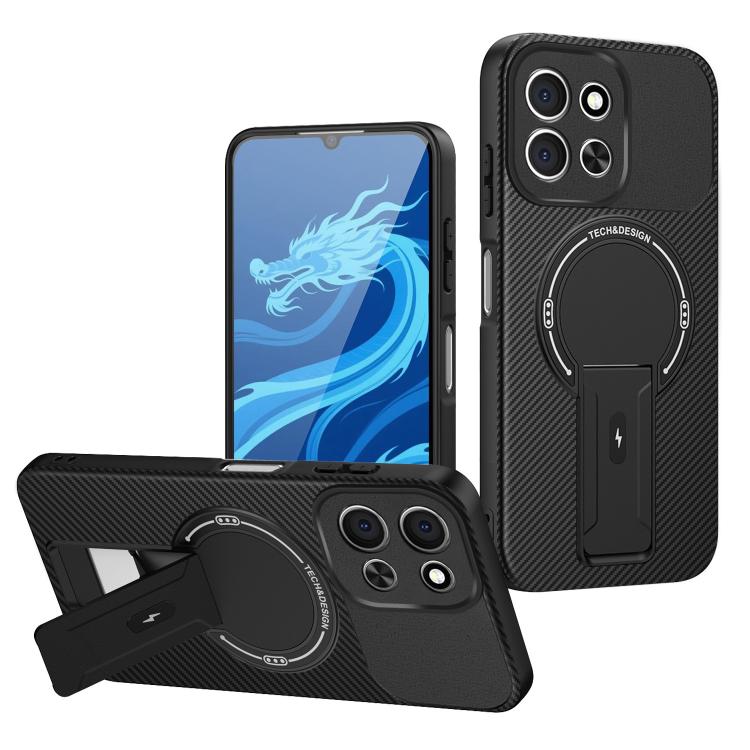 

For Redmi 15C 5G / 4G EU 173mm Carbon Fiber Texture MagSafe Phone Case with Holder(Black)