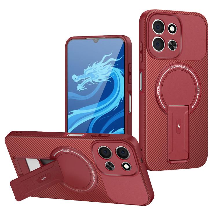 

For Redmi 15C 5G / 4G EU 173mm Carbon Fiber Texture MagSafe Phone Case with Holder(Red)
