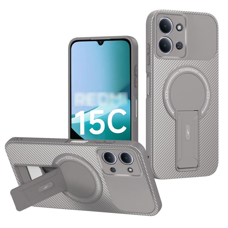 

For Redmi 15C 5G / 4G Global 171mm Carbon Fiber Texture MagSafe Phone Case with Holder(Grey)