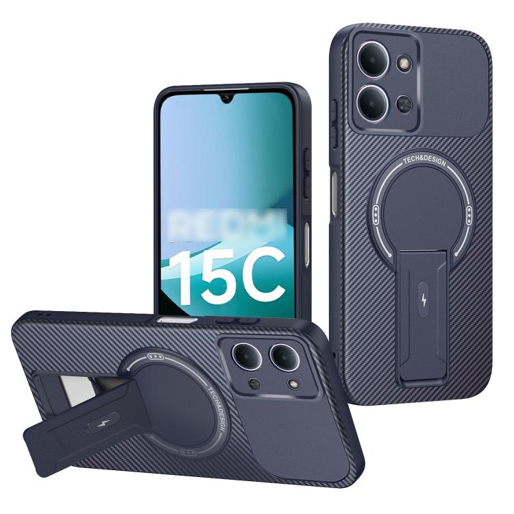 

For Redmi 15C 5G / 4G Global 171mm Carbon Fiber Texture MagSafe Phone Case with Holder(Blue)