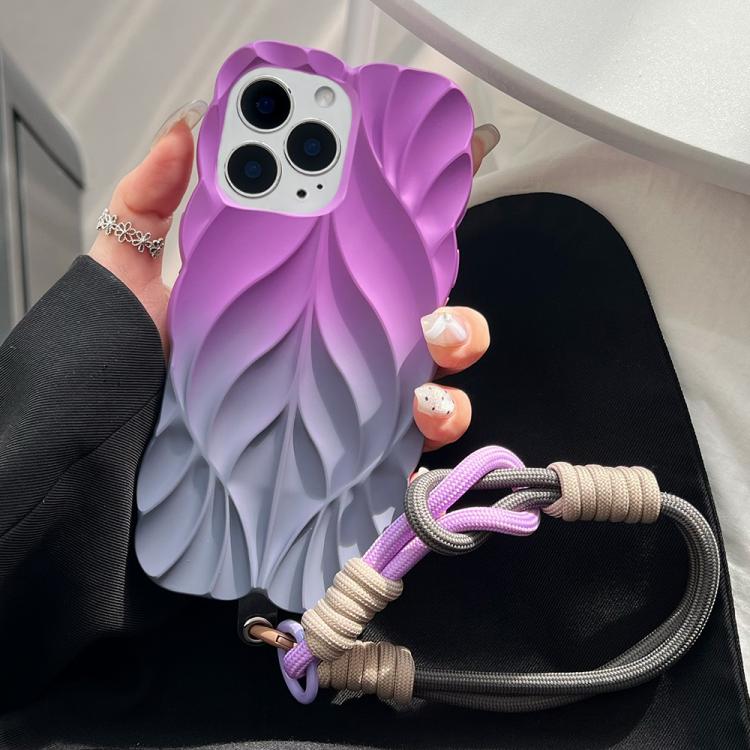 

For iPhone 16 Pro Max Thickened 3D Leaf Pattern Two-Color Oil-Sprayed TPU Phone Case with Strap(Purple Grey)