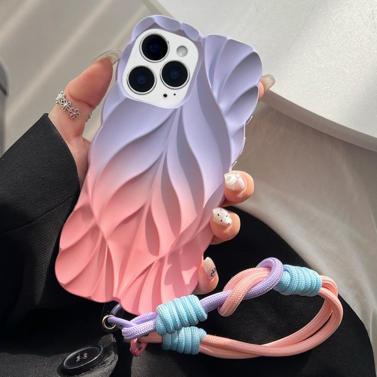 

For iPhone 16 Pro Thickened 3D Leaf Pattern Two-Color Oil-Sprayed TPU Phone Case with Strap(Purple Pink)