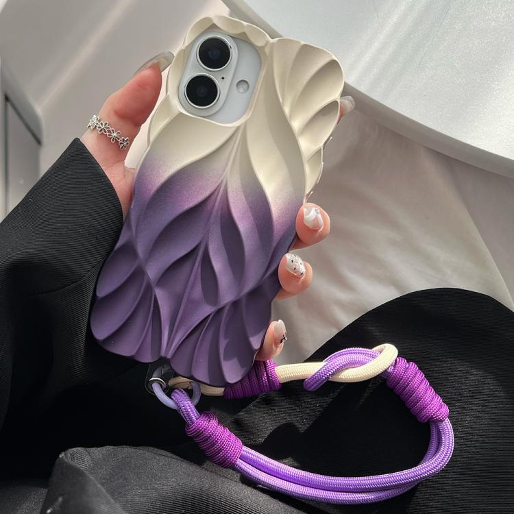 

For iPhone 16 Thickened 3D Leaf Pattern Two-Color Oil-Sprayed TPU Phone Case with Strap(Purple Gold)