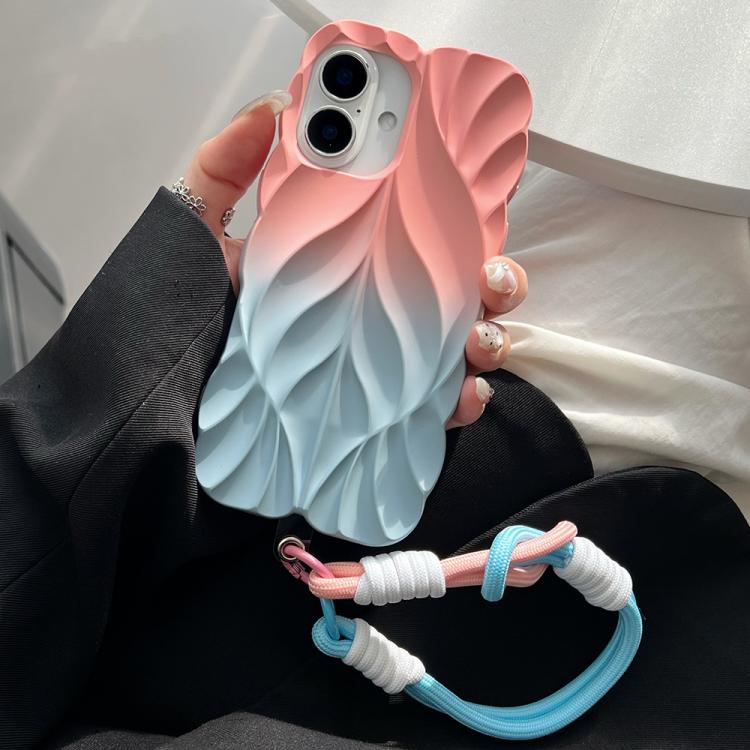 

For iPhone 16 Thickened 3D Leaf Pattern Two-Color Oil-Sprayed TPU Phone Case with Strap(Pink Blue)