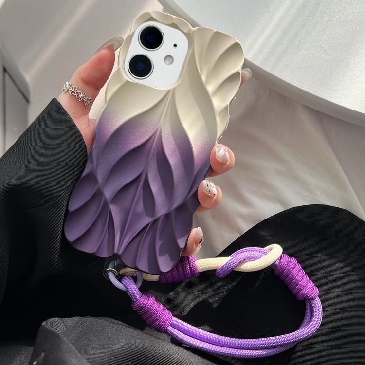 For iPhone 12 Thickened 3D Leaf Pattern Two-Color Oil-Sprayed TPU Phone Case with Strap(Purple Gold)