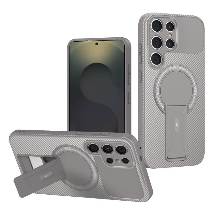 

For Samsung Galaxy S25 Ultra 5G Carbon Fiber Texture MagSafe Phone Case with Holder(Grey)