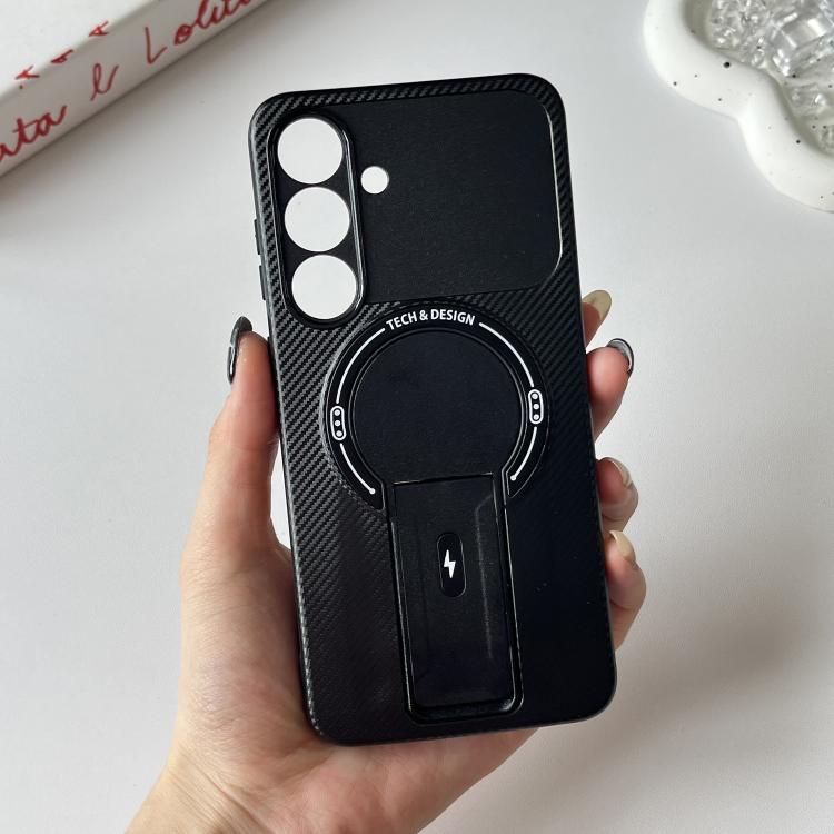 

For Samsung Galaxy S25 FE 5G Carbon Fiber Texture MagSafe Phone Case with Holder(Black)