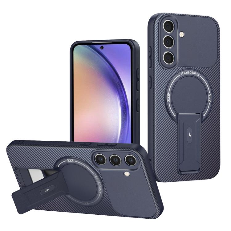 

For Samsung Galaxy A54 5G Carbon Fiber Texture MagSafe Phone Case with Holder(Blue)