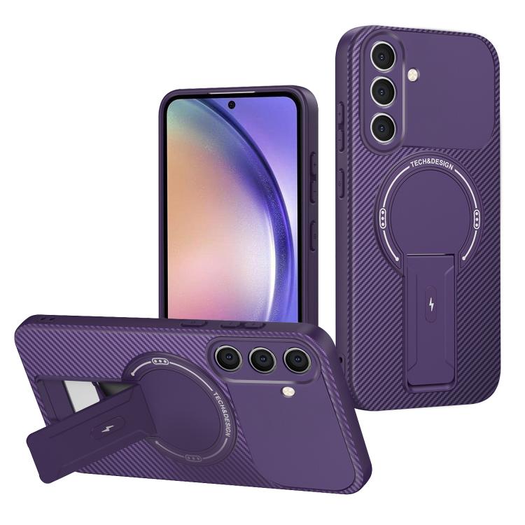 

For Samsung Galaxy A54 5G Carbon Fiber Texture MagSafe Phone Case with Holder(Purple)