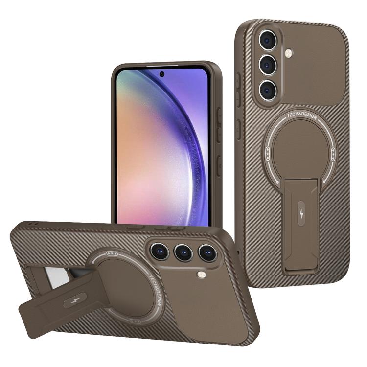 

For Samsung Galaxy A54 5G Carbon Fiber Texture MagSafe Phone Case with Holder(Brown)