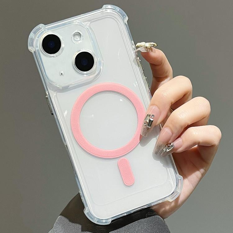 

For iPhone 15 Plus Electroplating TPU Hybrid PC Four Corners Shockproof MagSafe Phone Case(Pink)