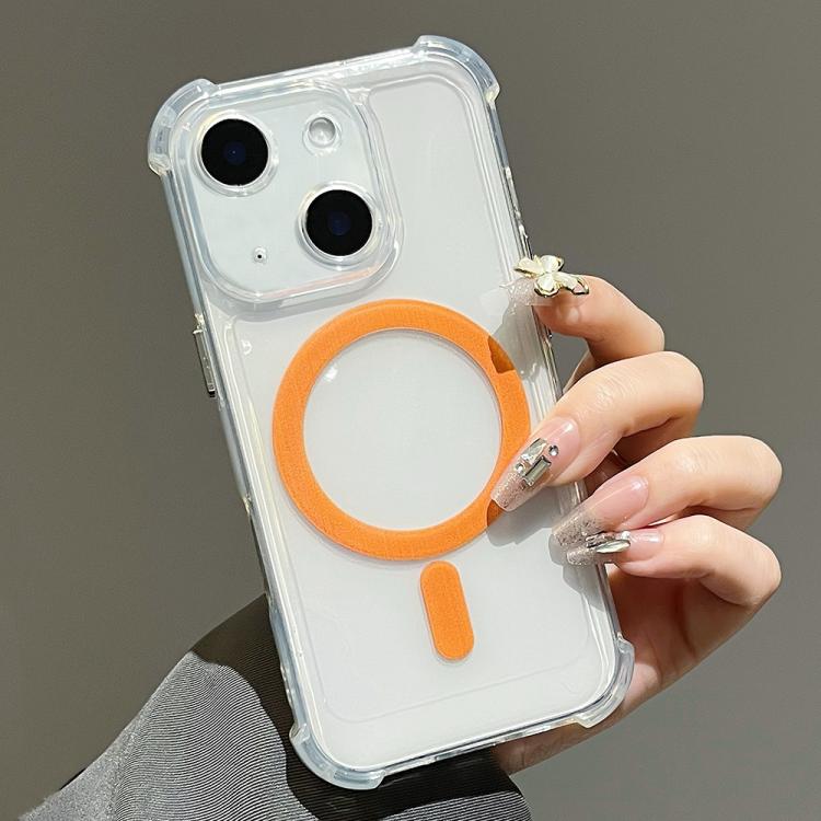 

For iPhone 14 Plus Electroplating TPU Hybrid PC Four Corners Shockproof MagSafe Phone Case(Orange)