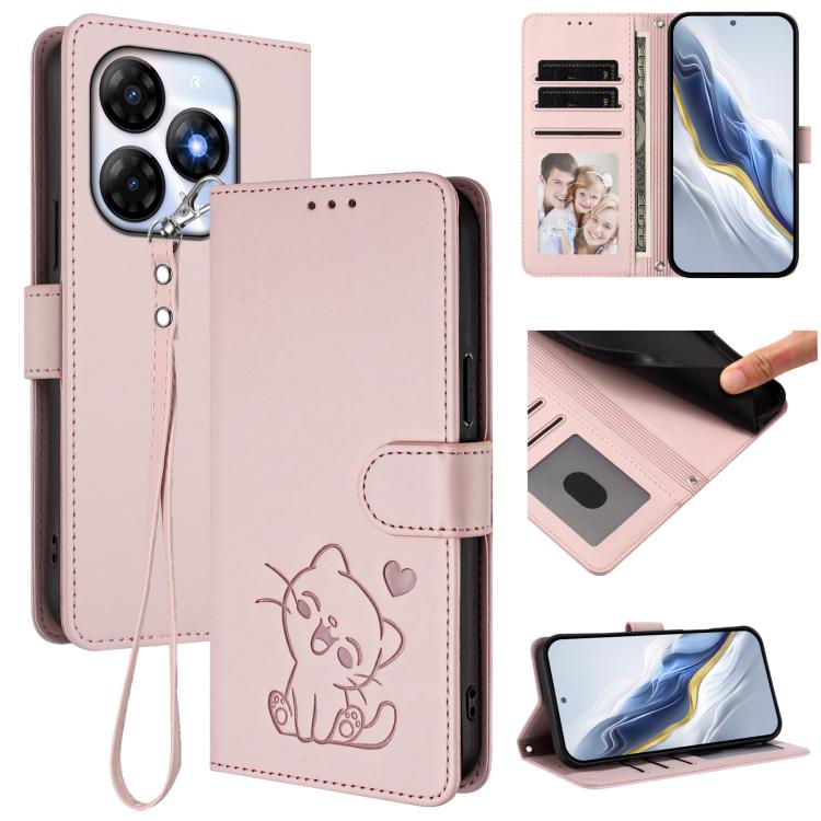 

For Itel P55 4G / Smart 8 Embossed Heart Cat Leather Phone Case with Hand Strap(Pink)