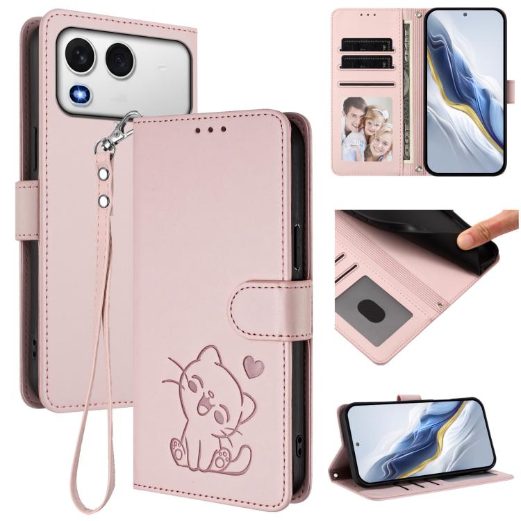 

For Itel A200 4G / A200+ 4G Embossed Heart Cat Leather Phone Case with Hand Strap(Pink)