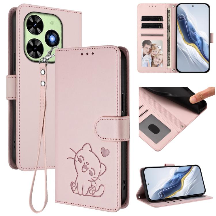 

For Tecno Spark Go 2024 4G / 20C 4G Embossed Heart Cat Leather Phone Case with Hand Strap(Pink)