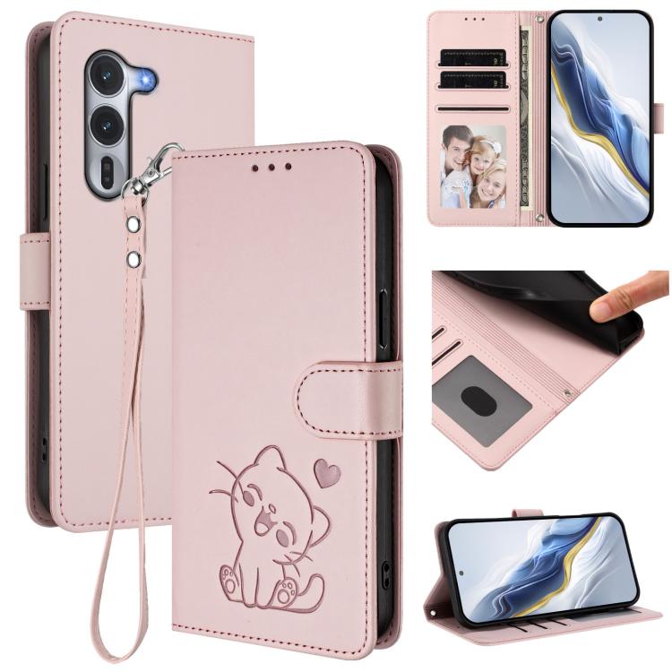 

For Fujitsu Arrows Alpha F-51F Embossed Heart Cat Leather Phone Case with Strap(Pink)